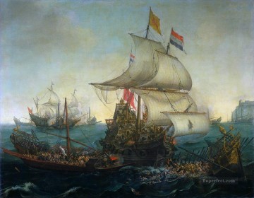  running Oil Painting - dutch ship running down spanish gallyes